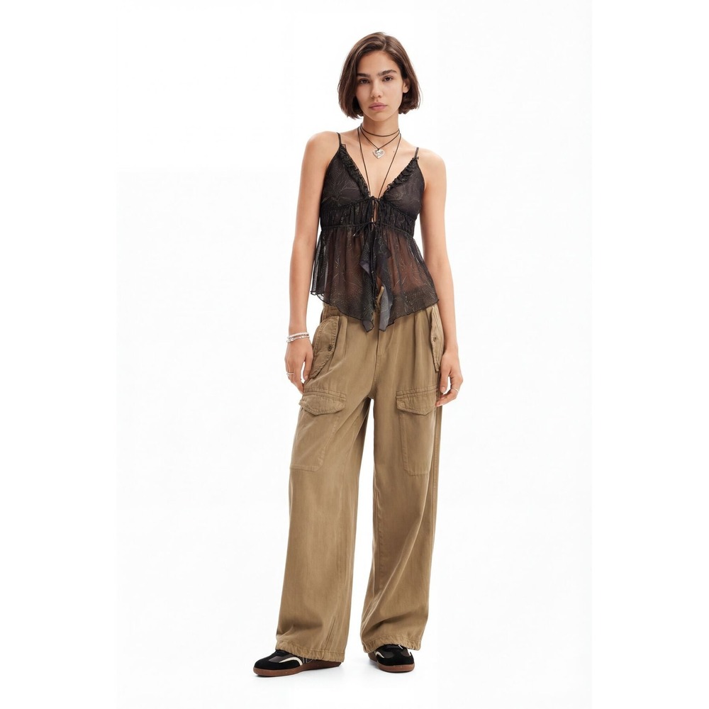 Desigual Wide Leg Cargo Trousers Sm Brown Green Wide Leg Drawstring Waist Casual